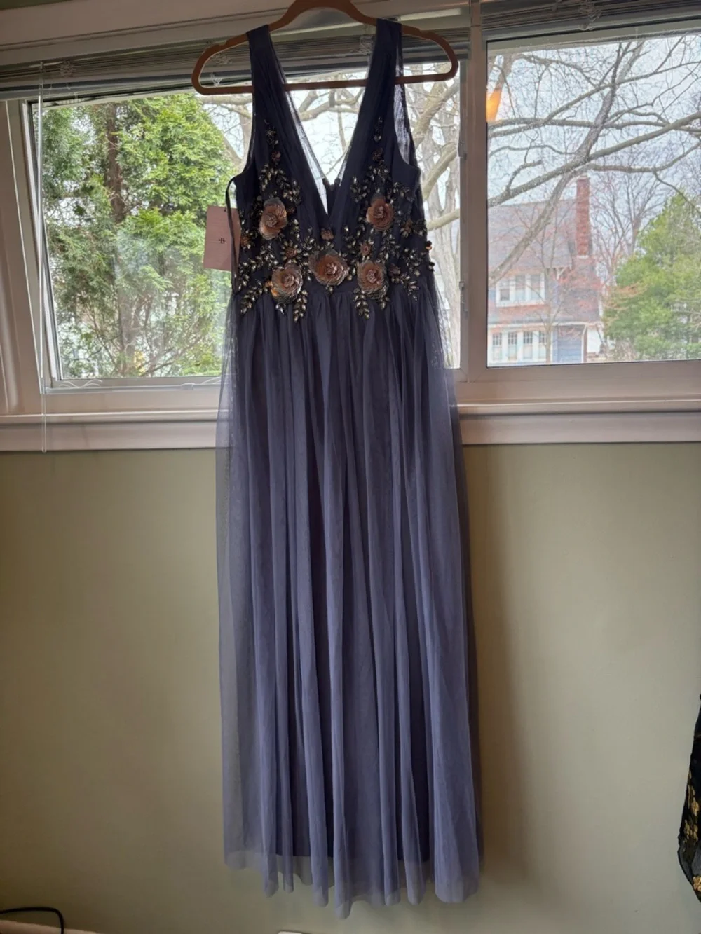 BHLDN Slate Blue Tulle Gown with Metallic Floral Embroidery NWT - Picture 3 of 9